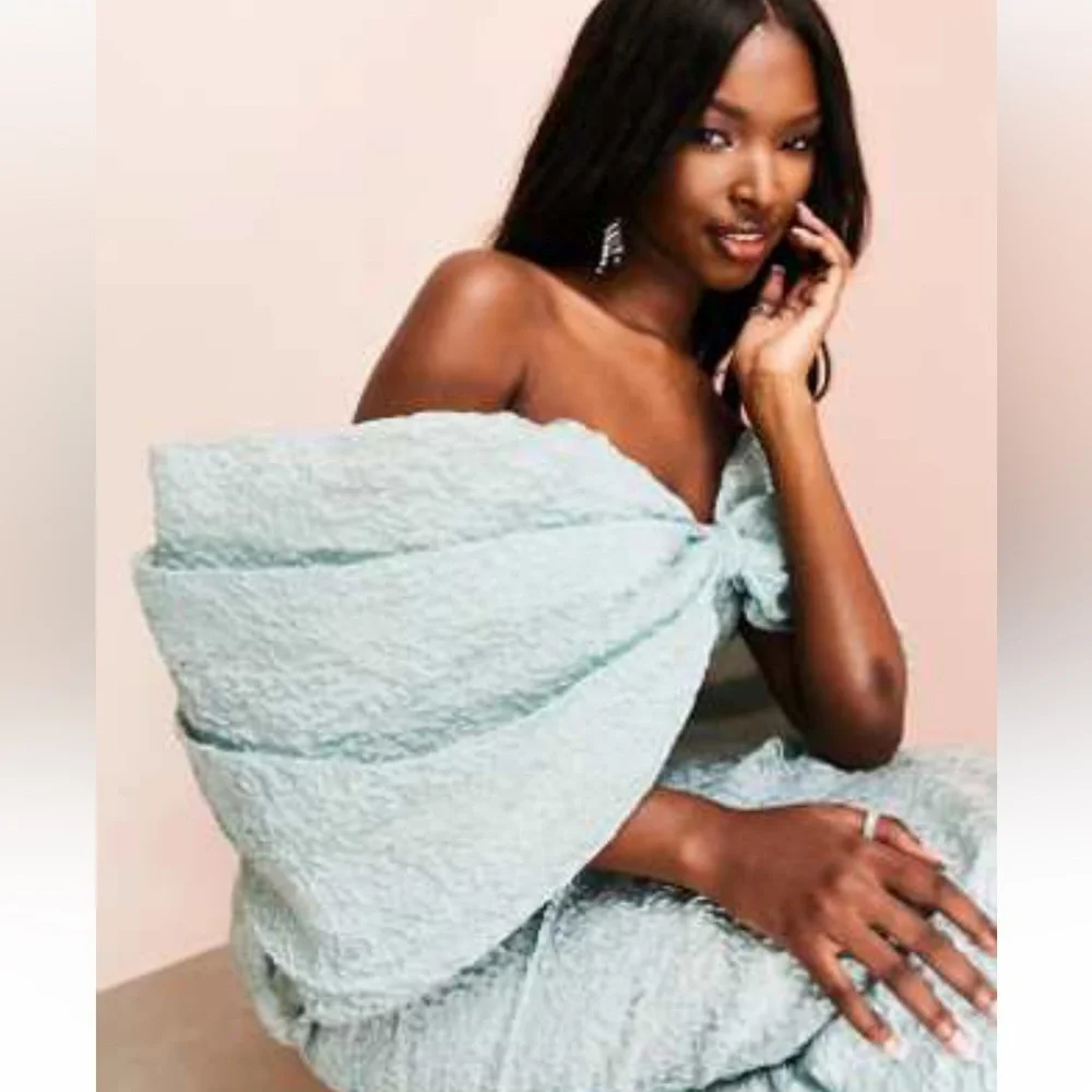 ASOS Mint Textured Off-Shoulder Bow Crop Top - Picture 2 of 7